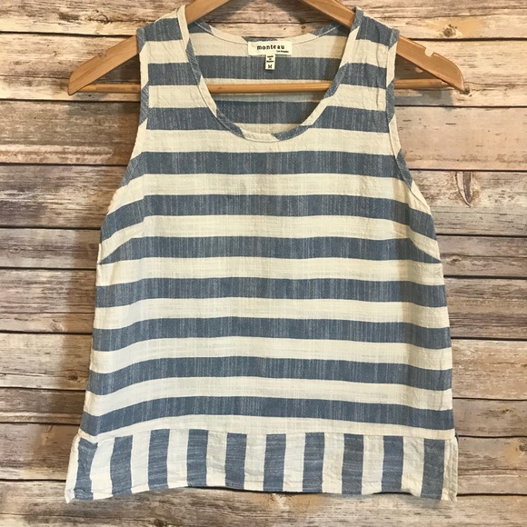Monteau Tops - Monteau Blue/ivory striped tank top